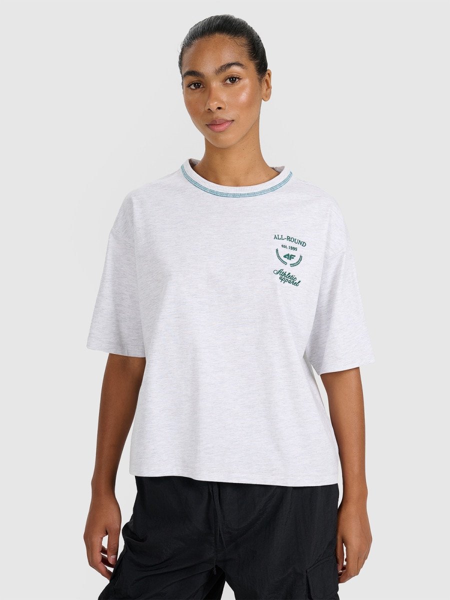 T-shirt oversize z nadrukiem damski 4F 4FRSS25TTSHF2979-26M Szary XS