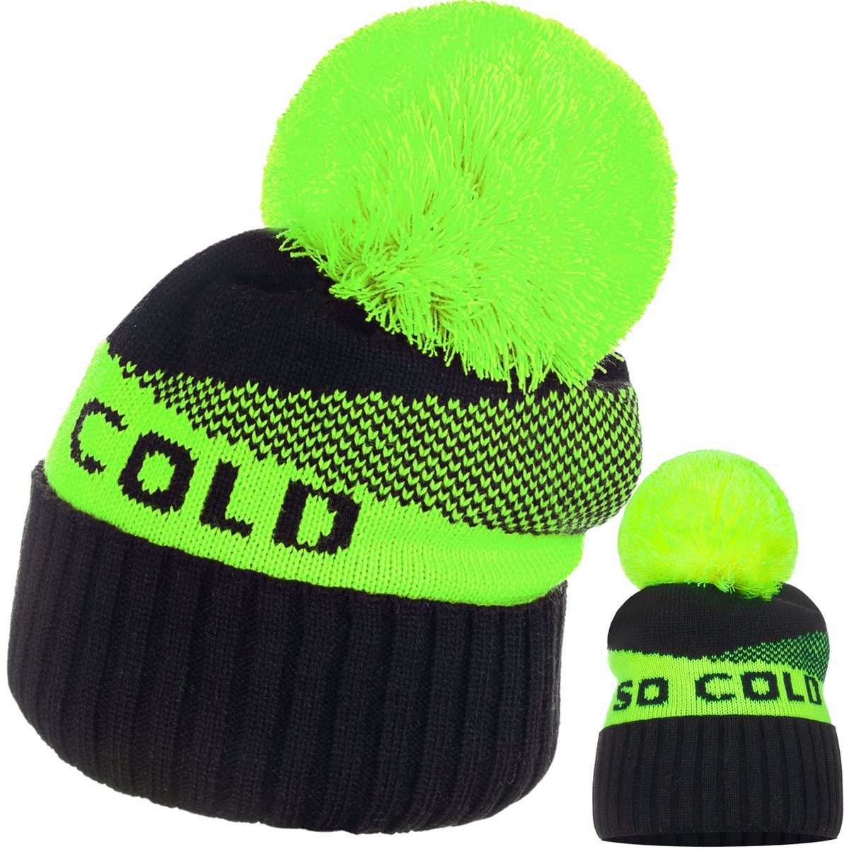 Czapka Damska Kobieca So Cold We Wzór Z Pomponem Czarna Neonowa