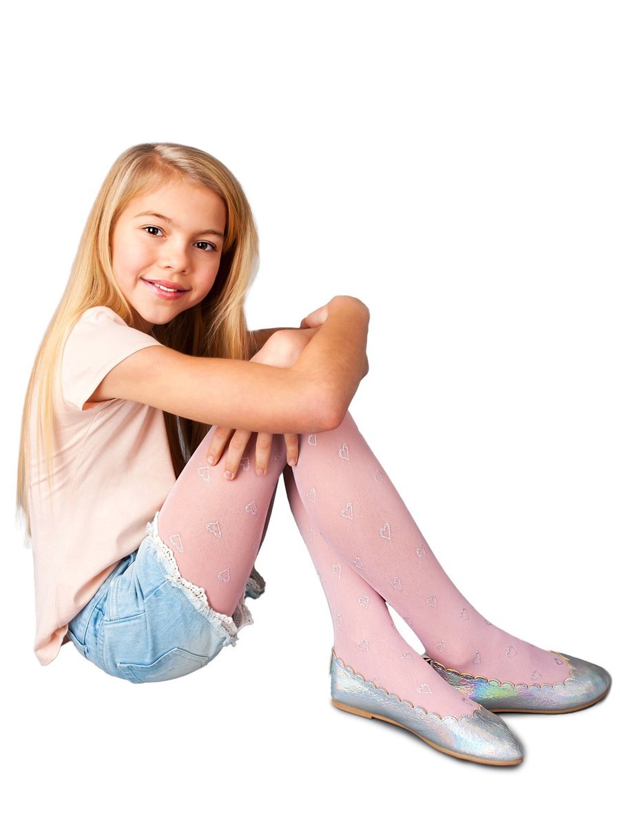 Rajstopy dziecięce, mikrofibra brokatowe serca pudrowo różowe 40 DEN, 152-158