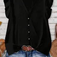 Koszule damskie - TEMU Elegancka damska koszula w jednolitym kolorze z dekoltem w serek i ozdobnymi guzikami na marszczonych rękawach - miniaturka - grafika 1