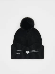 Reserved - Czapka z haftowanym kotem - czarny - Czapki dla dzieci - miniaturka - grafika 1