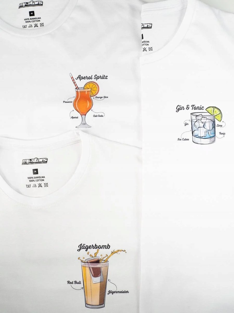 T-Shirt Zestaw 3 Szt Koszulki Męskie Bawełniane Drinki Gin Tonic Aperol M