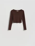 Bluzki damskie - Reserved - Krótki bawełniany longsleeve - brązowy - miniaturka - grafika 1