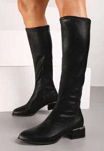 Czarne Kozaki na Obcasie z Metaliczną Wstawką Asbila - Kozaki damskie - miniaturka - grafika 1