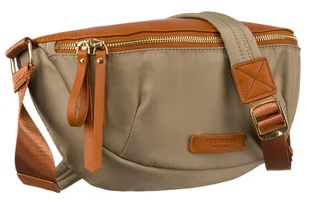 Saszetka damska z nylonu i skóry ekologicznej PETERSON khaki z brązowym wykończeniem miejska nerka na ramię crossbody lekka pojemna na suwak kieszon.. - Nerki - miniaturka - grafika 1