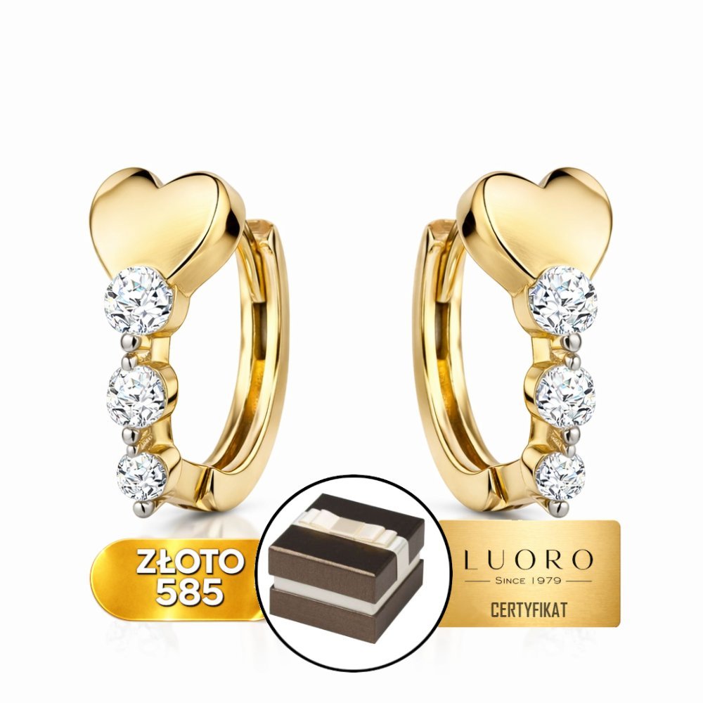 KOLCZYKI ZŁOTE 585 14K SERCE Z CYRKONIAMI ANGIELSKIE ZAPIĘCIE 11 MM