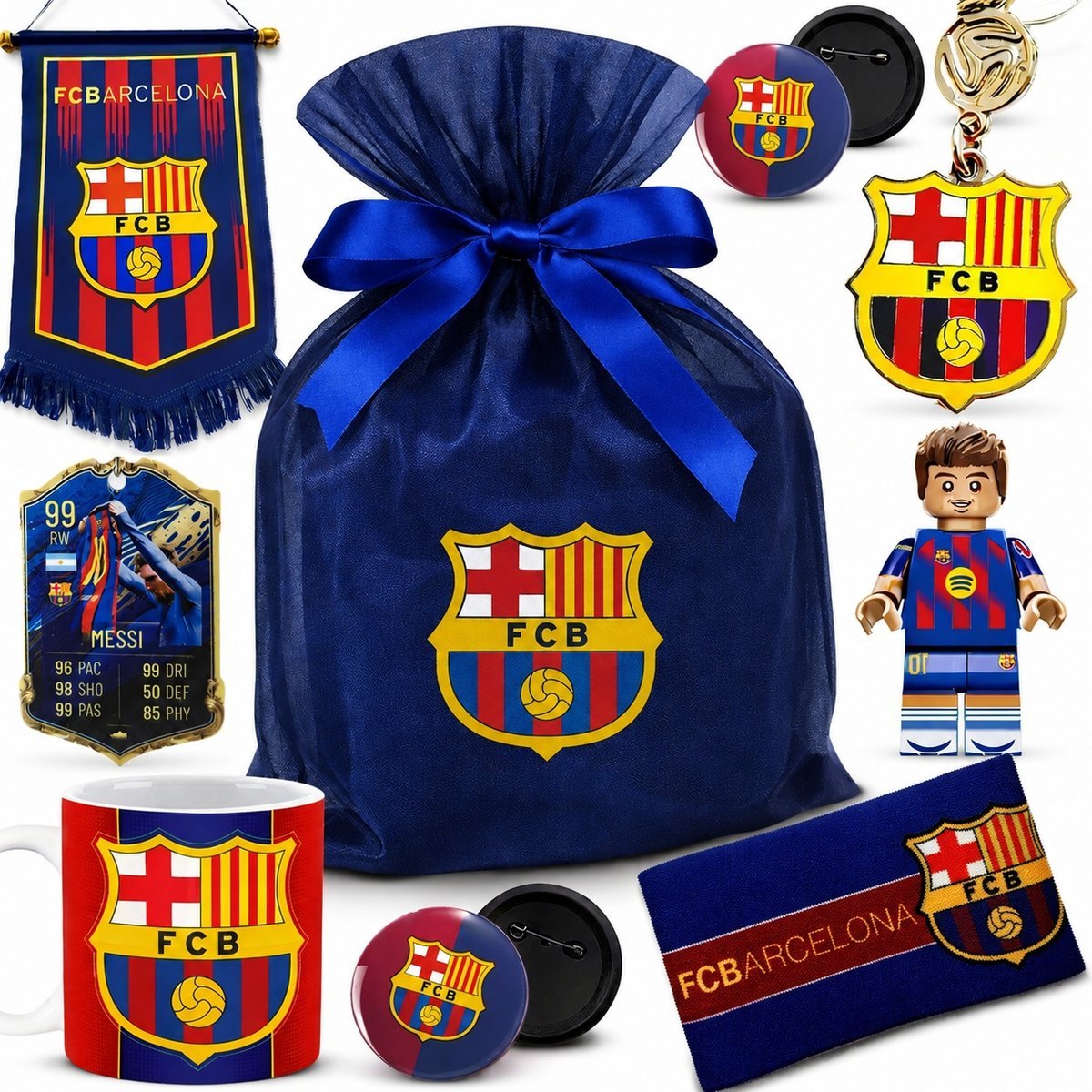 DUŻY ZESTAW KIBICA FC BARCELONA XXL PREZENTOWY 20EL. KLOCKI BRELOK KOSZULKA