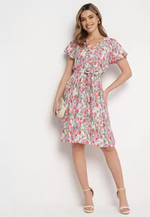 Sukienki - Różowa Sukienka Mini z Wiskozowej Tkaniny w Kwiaty Relas - grafika 1