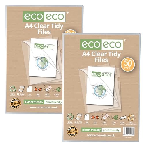 eco-eco A4 w 50% torba z recyklingu, 100 uporządkowanych plików, otwarte górne i boczne okładki 120 mikronów, portfele na dokumenty, przezroczyste, zlicowane, 2 opakowania po 50 sztuk, eco227x2