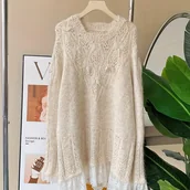 Swetry damskie - TEMU Damski Bluzka w Stylu Francuskim z Koralikami i Koronką – Długi Rękaw, Luźny Sweter z Okrągłym Dekoltem, Jednokolorowa Bluzka na Wiosnę/Jesień, - miniaturka - grafika 1