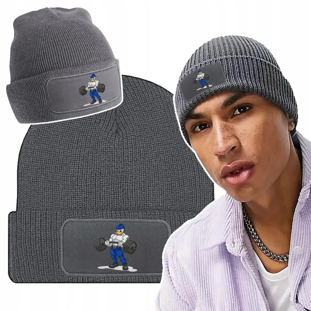 Ciepła Zimowa Czapka Szara ZABAWNE Modne Wzory