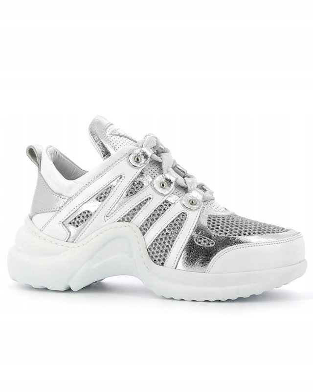 Białe srebrne sneakersy Carinii B6020-187 skóra siatka r.37