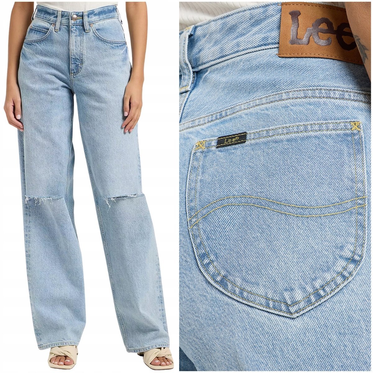 Lee RIDER LOOSE wysokie luźne damskie spodnie jeansowe z dziurami W28 L33
