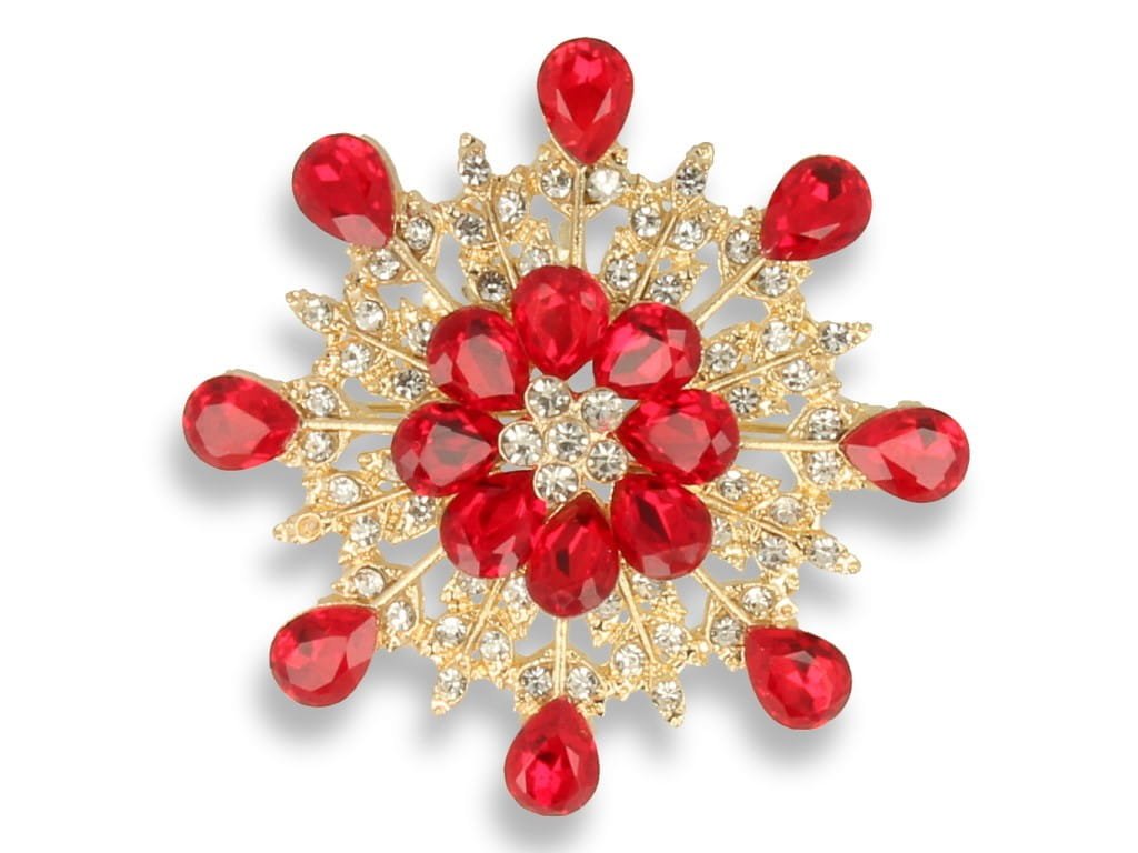 Broszka Damska Złota Kwiat Z Czerwonymi Kamieniami
