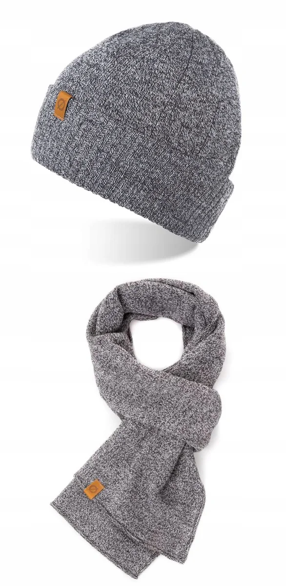 Czapka Męska Zimowa Jesienna Elegancki Szalik Klasyczny Brodrene Szary 2w1