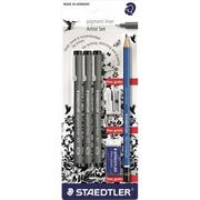 Cienkopisy - Staedtler 308 sbk3p Artist zestaw 3 Pigment liner 0.3, 0.5, 0.7 i ołówek, gumka, temperówka, gratis, czarna 308 SBK3P - miniaturka - grafika 1