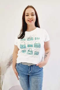 Damski T-shirt z Aplikacją w Miętowe Torebki Biały UNI - Bluzki damskie - miniaturka - grafika 1