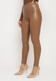 Brązowe Legginsy z Imitacji Skóry i Kieszeni z Wysokim Stanem Olabria - Legginsy - miniaturka - grafika 1