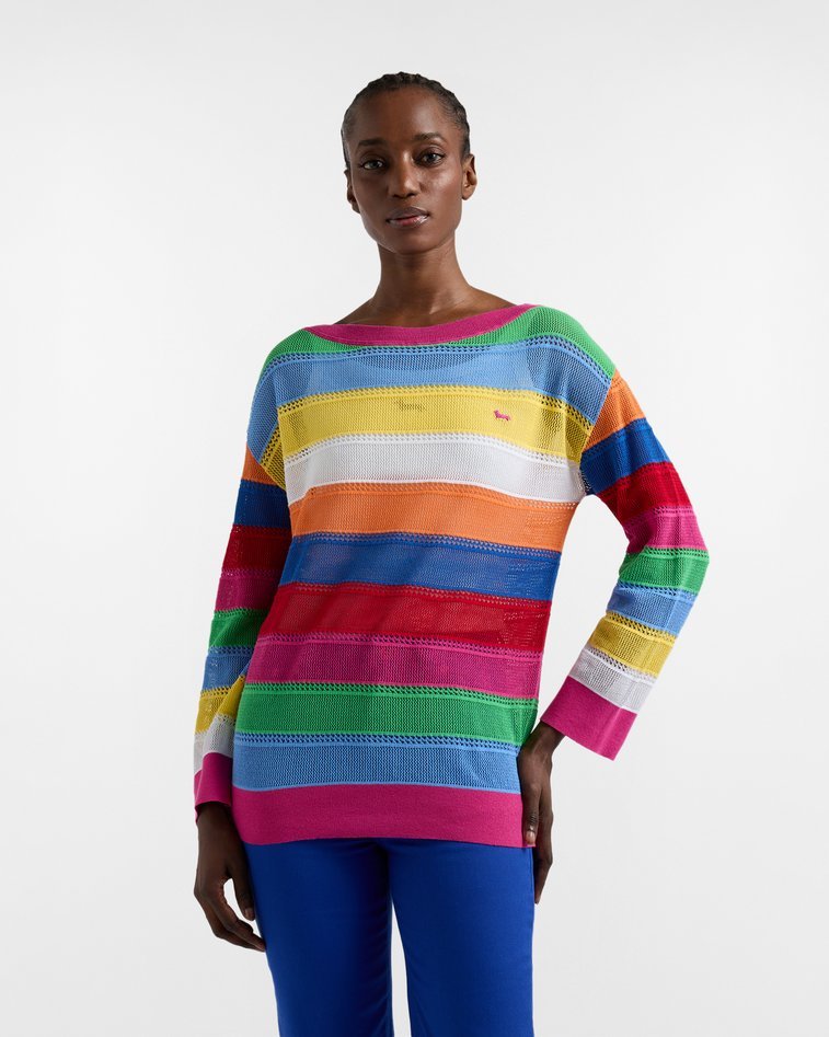 sweter righe wielokolorowy effetto rete damskie orchidea