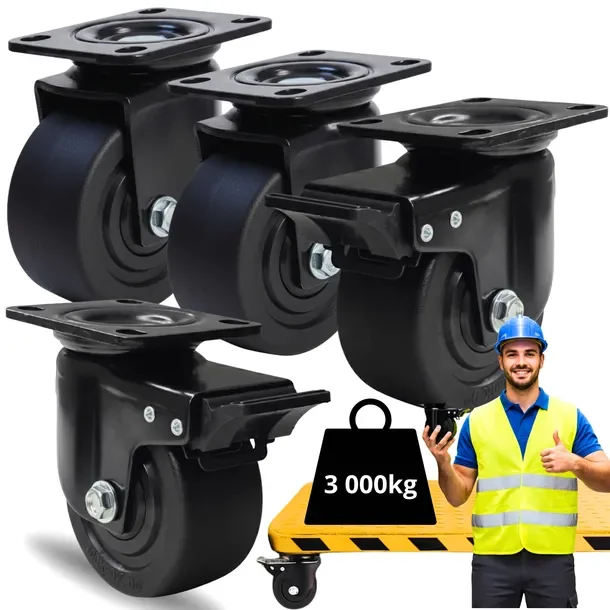 Kółka 100mm Obrotowe Z Hamulcem Zestaw 4szt Do Dużych Obciążeń 3000kg Mocne