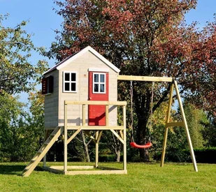 Wendy Wendy Toys Drewniany domek na palach zebra z huśtawką czerwony - Namioty i tipi dla dzieci - miniaturka - grafika 1