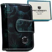 Portfele - Zielony lakierowany portfel damski w kwiatowy wzór skóra naturalna i ekologiczna PETERSON średniej wielkości na zatrzask i suwak karty dokumenty got.. - miniaturka - grafika 1