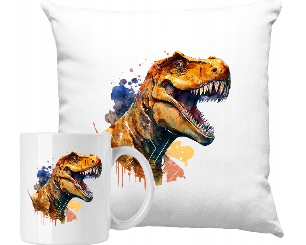 ZESTAW PODUSZKA + KUBEK Groźny Dino Dinozaur Pomysł Na Prezent + IMIĘ
