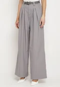 Spodnie damskie - Szare Szerokie Spodnie Palazzo z Wysokim Stanem i Paskiem z Ekoskóry oraz Metalową Klamrą Ninna - miniaturka - grafika 1