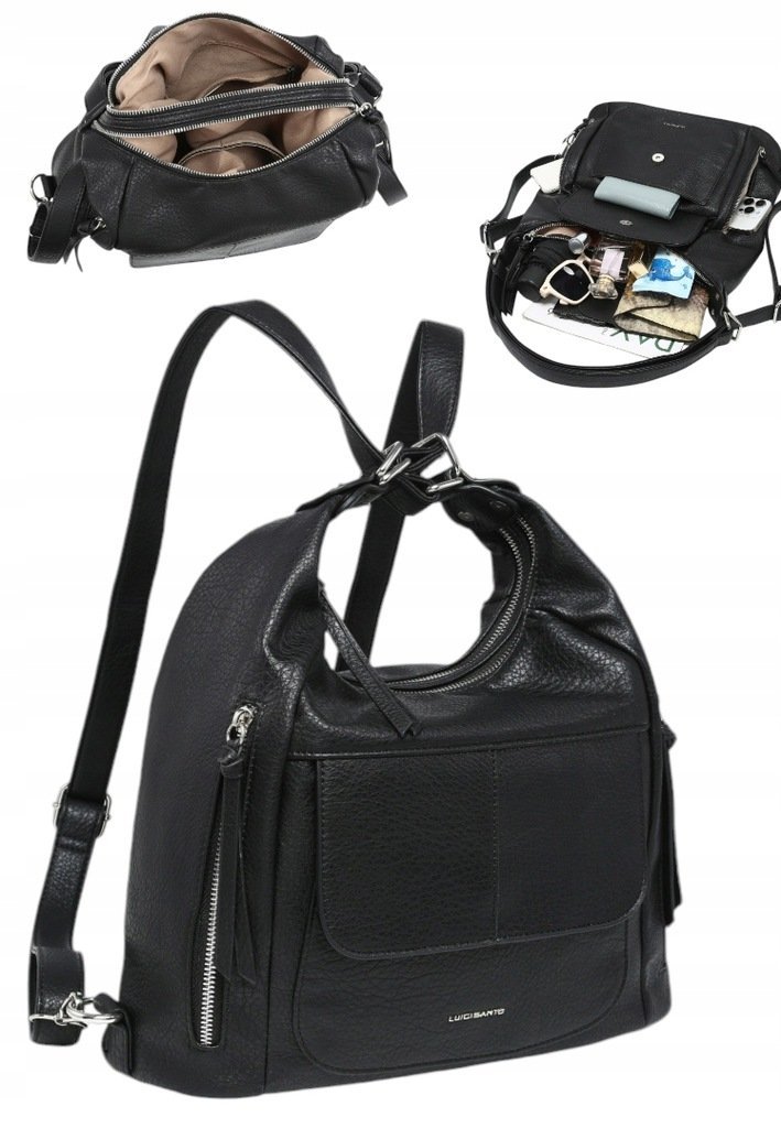 Damski Plecak Torebka Shopper 2w1 LUIGISANTO CZarna Dwukomorowa