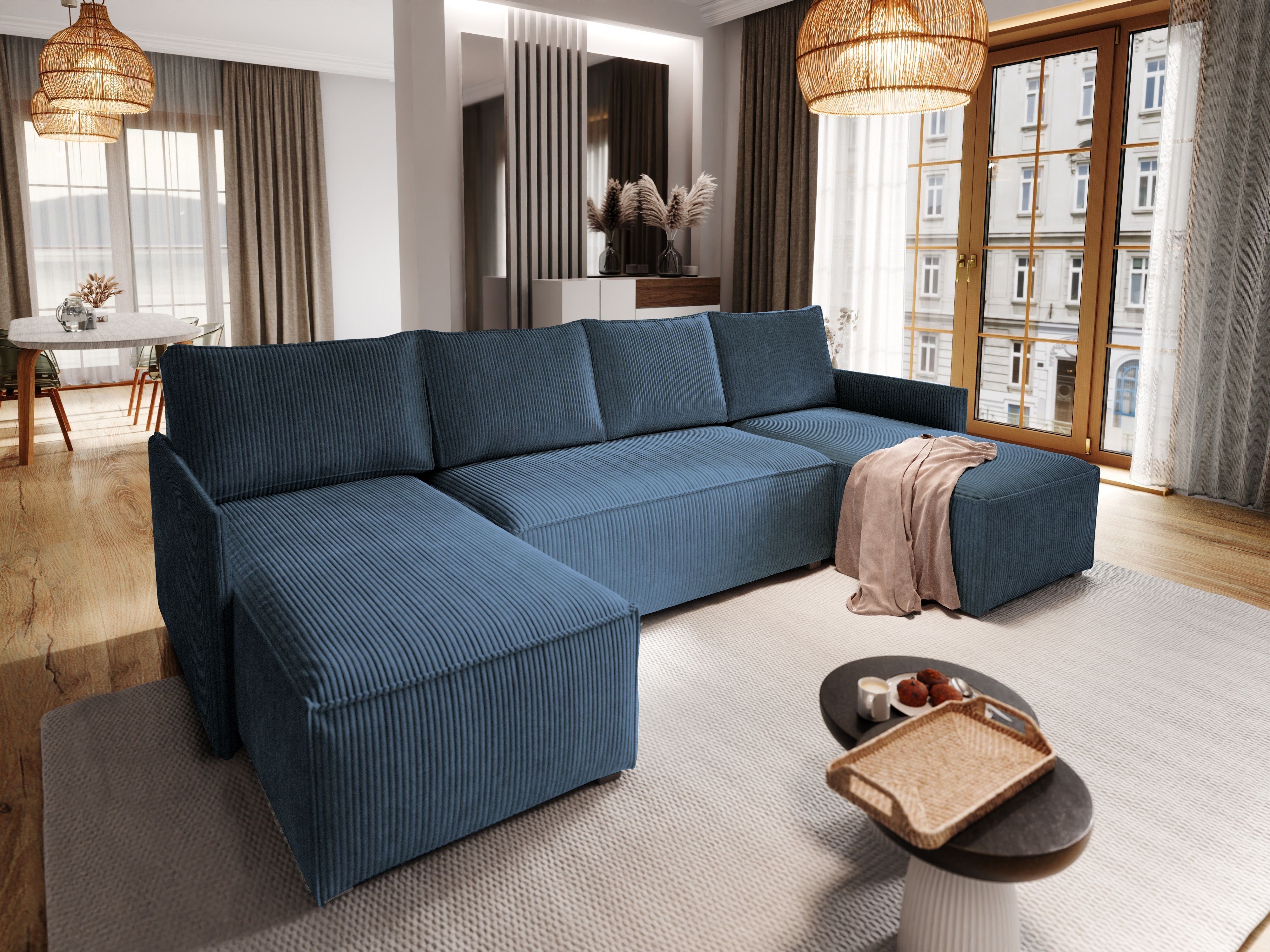 Masseno Narożnik TRES z funkcją spania i pojemnikiem na pościel Kształt U, Rozkładana sofa, Rogówka - Niebieski, POSO 05