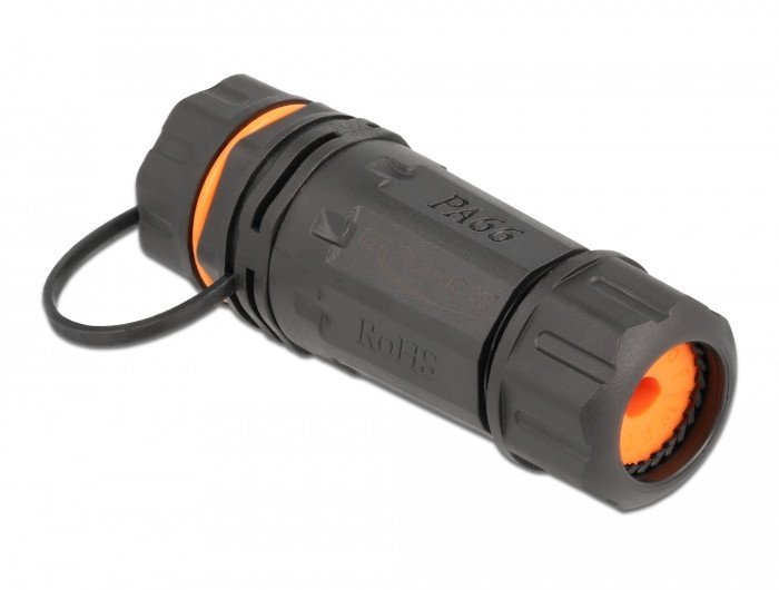 Delock DeLOCK Cable Connector RJ45 jack to RJ45 jack Cat.6A with housing and protective cap waterproof, RJ-45/RJ-45, Black, Orange, Female/Female, Straight, Plastic, Cat6a 86700