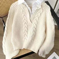 Swetry damskie - TEMU Elegancki sweter damski z dekoltem w serek - Miękki kardigan, szykowny sweter do biura i na co dzień dla kobiet, niezbędny element warstwowego - miniaturka - grafika 1