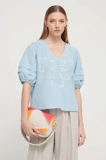 Bluzki damskie - Desigual bluzka z domieszką lnu kolor niebieski z aplikacją - grafika 1