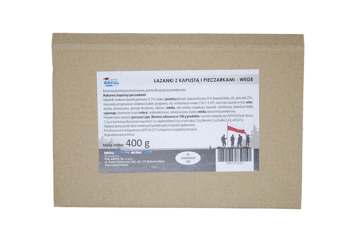 Łazanki z kapustą i pieczarkami WEGE 400 g konserwa wojskowa tacka