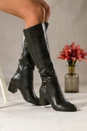 Kozaki damskie - Zielone kozaki damskie przed kolano na szerokim słupku złota ozdoba guma w cholewce Casu D19X14-GP - miniaturka - grafika 1