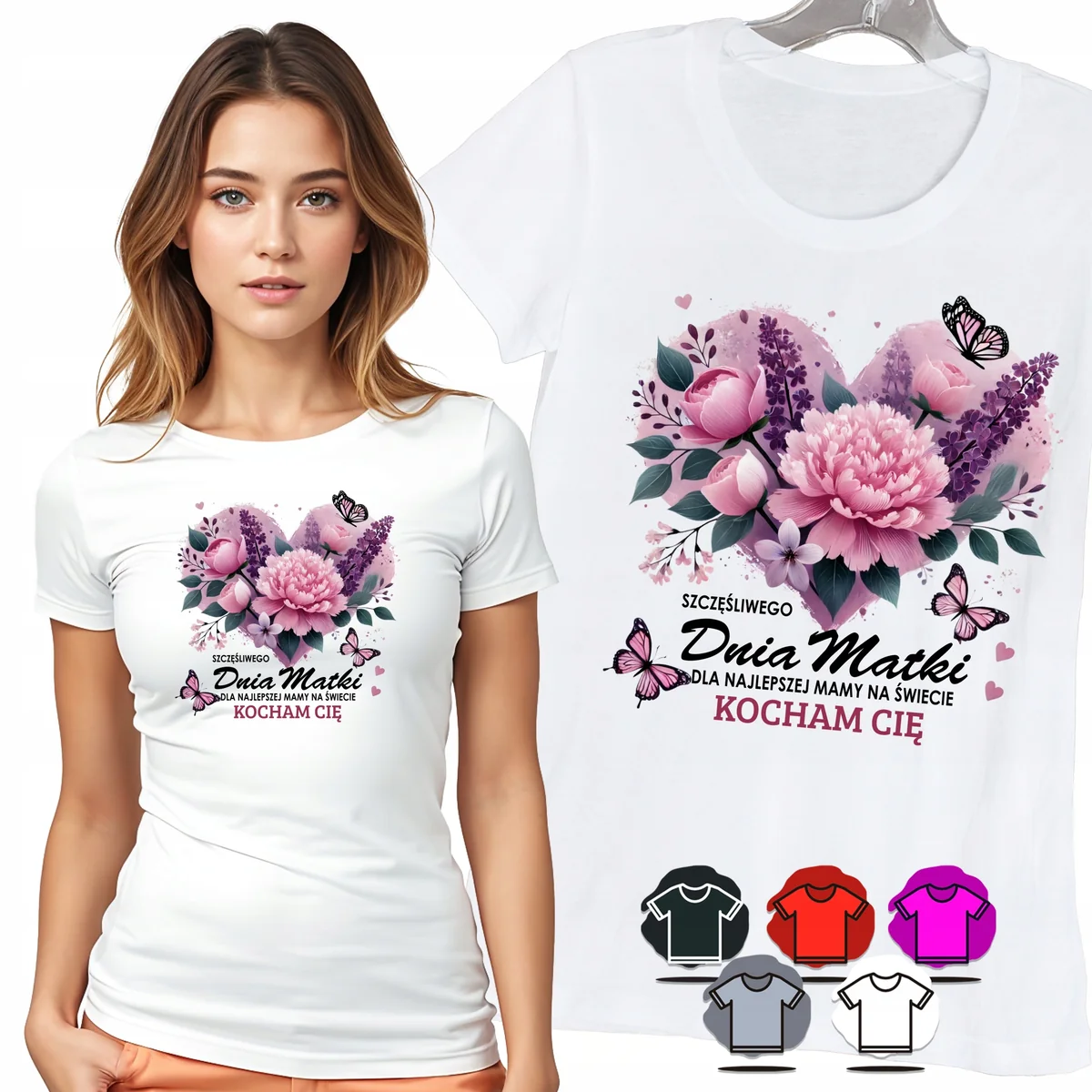 KOSZULKA DAMSKA T-SHIRT - SZCZĘŚLIWEGO DNIA MATKI RÓŻOWE KWIATY WZÓR - M