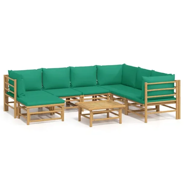 Zestaw mebli ogrodowych z bambusa z zielonymi poduszkami 55-69 cm
