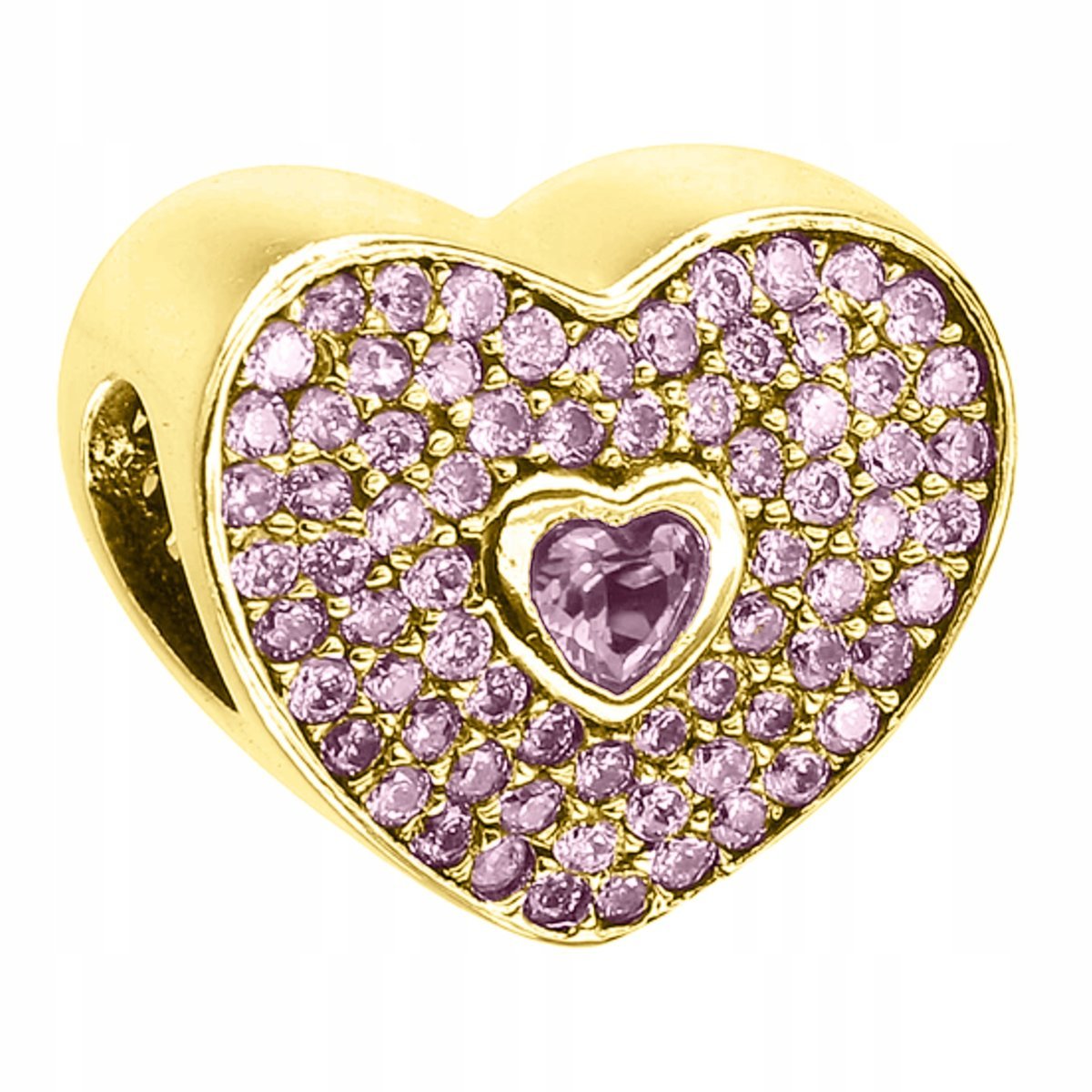 Złoty Charms Kryształowe Serce Różowe Cyrkonie Kryształy SREBRO 925