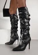 Kozaki damskie - Czarne Kozaki na Szpilce Typu Bikery z Ozdobnymi Paskami i Klamrami Jeslife - miniaturka - grafika 1