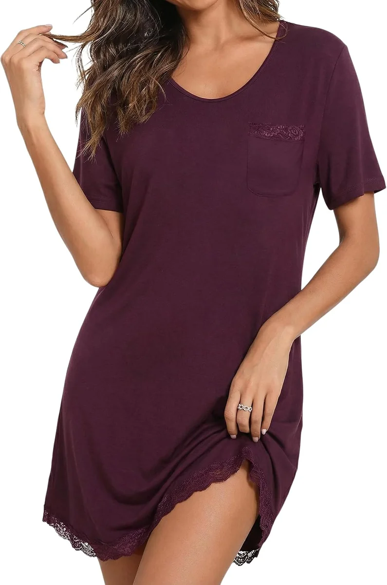 RĘKAW KOSZULA NOCNA DAMSKA MIĘKKA KORONKOWA KRÓTKI V-NECK ELASTAN WYGODNA