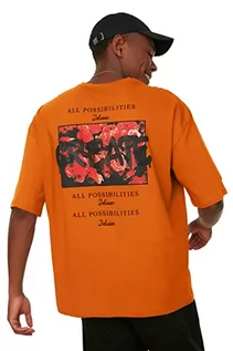 Koszulki męskie - TRENDYOL Męski t-shirt z okrągłym dekoltem, z dzianiny, oversized, wielbłąd, XL - grafika 1