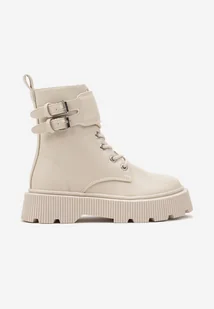 Beżowe Botki Workery na Grubej Tłoczonej Podeszwie Ozdobione Paskami Sintelle - Botki damskie - miniaturka - grafika 1