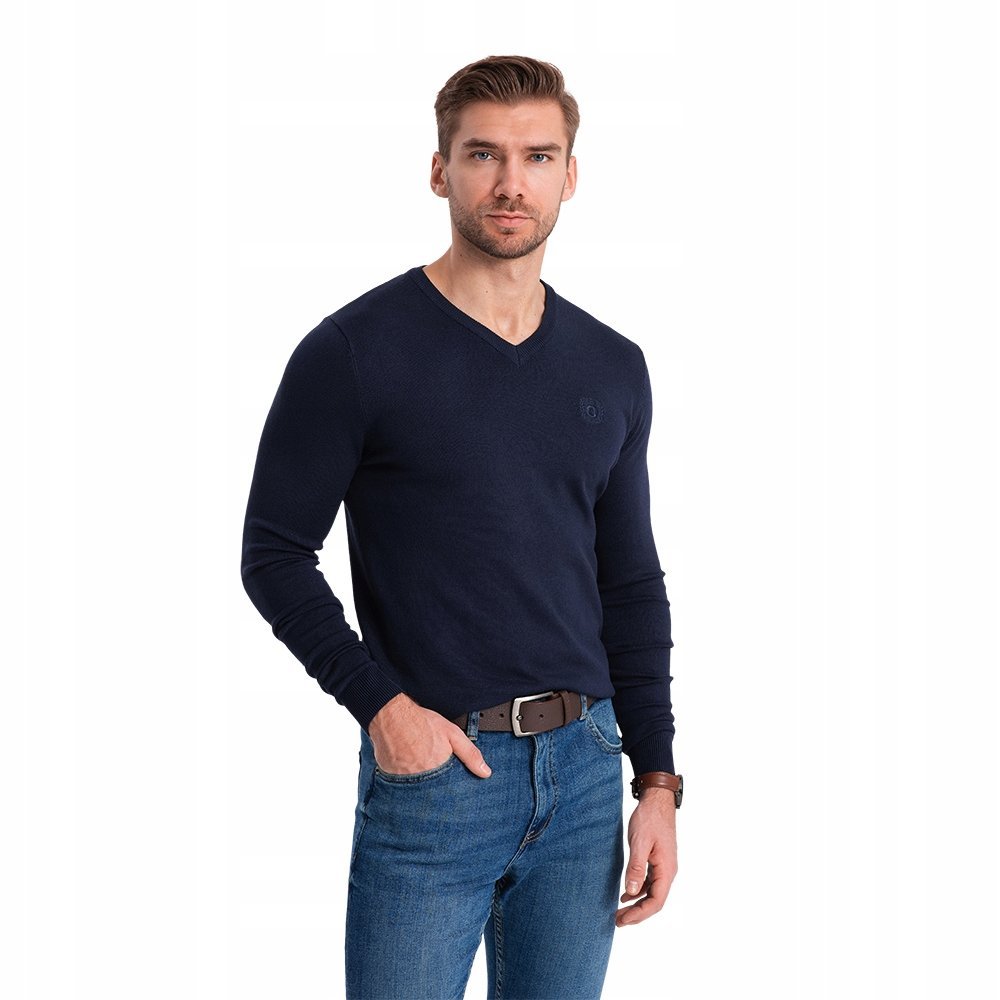 Klasyczny męski sweter dekolt w serek ciemnogranatowy V22 OM-SWBS-0107 L