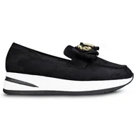 Mokasyny damskie - Mokasyny Zamszowe Modne Stylowe Ozdobione Wsuwane Eleganckie Skórzane Z Ekologicznej Skóry Na Niskim Koturnie Damskie Czarne Z Ozdobą Wonder 39 - miniaturka - grafika 1