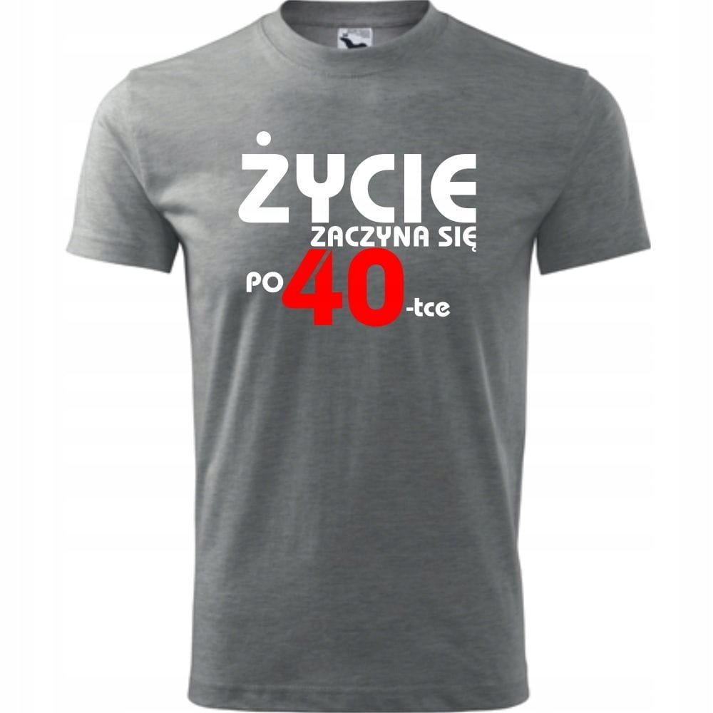 Męska Koszulka z Nadrukiem Życie zaczyna się po 40 na Prezent Urodzinowy ciemnoszary melanż L