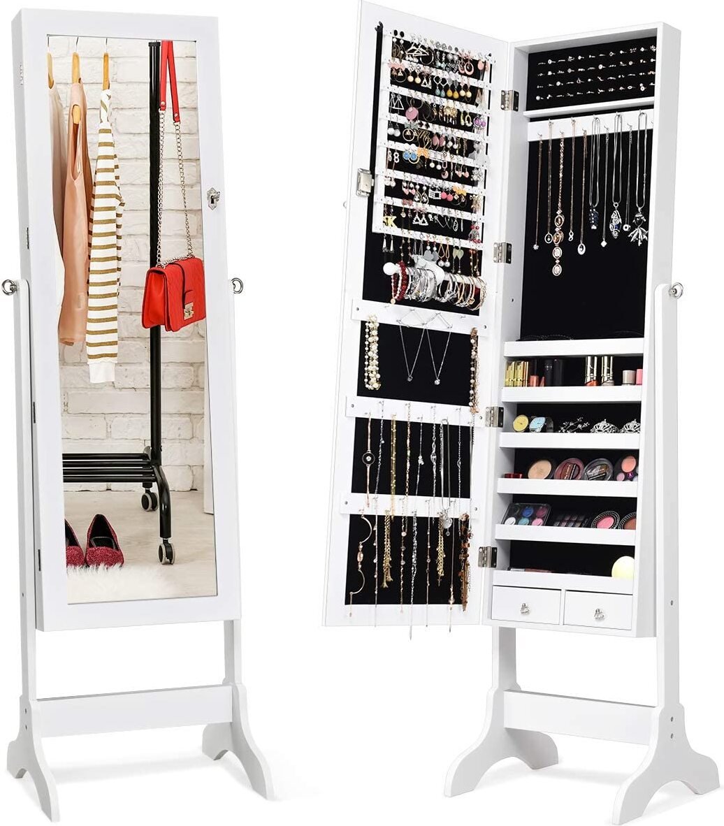 COSTWAY Zamykana szafka na biżuterię, szafka na biżuterię z lustrem, wolnostojący stojak na biżuterię, biały