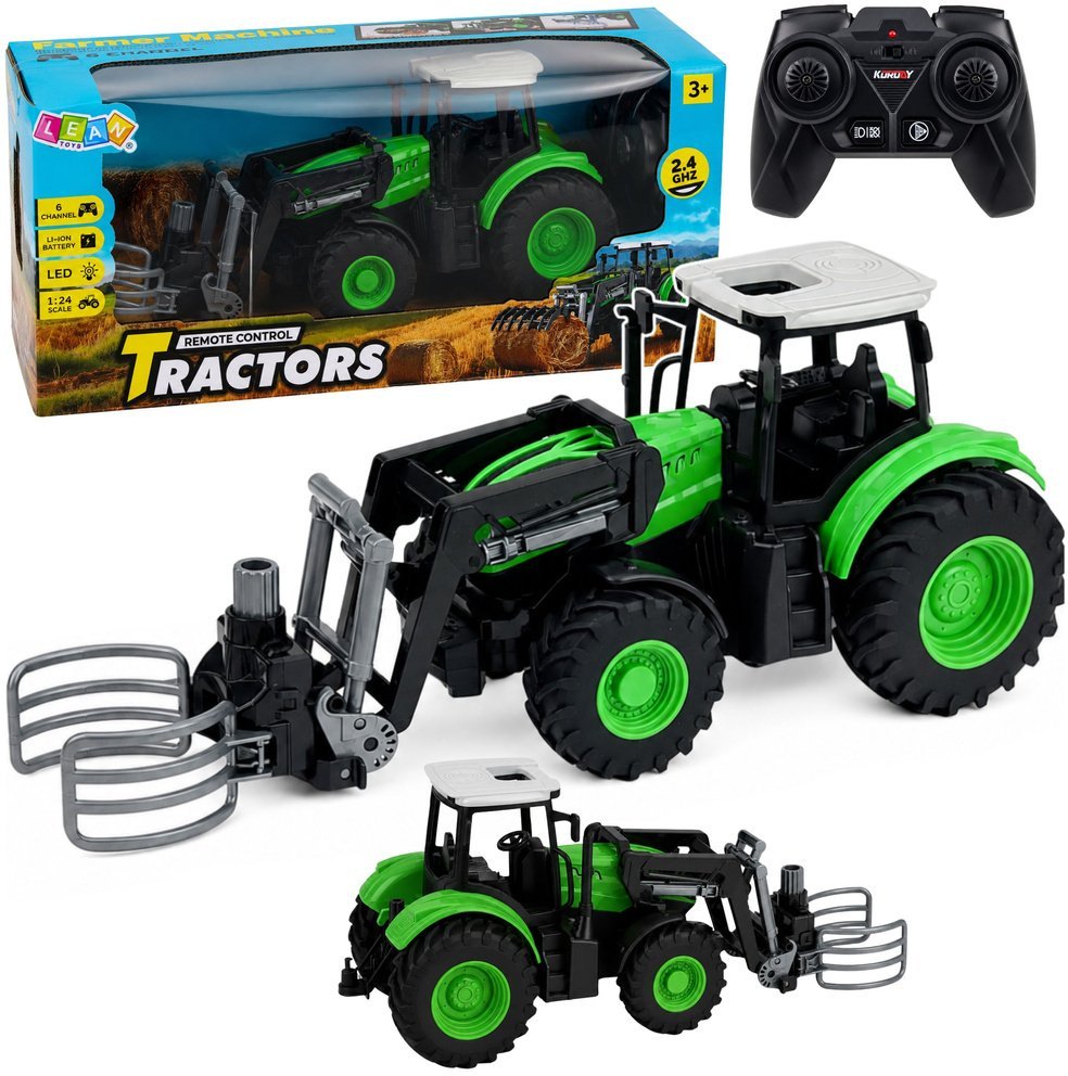 LeanToys Traktor z chwytakiem do bali zdalnie sterowany RC światła zielony 1:24