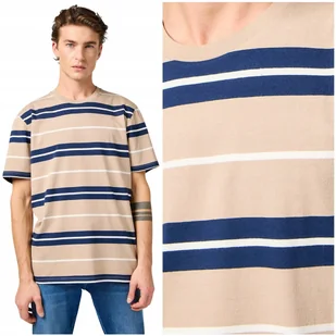Wrangler STRIPE TEE Timberwolf beżowa bawełniana koszulka t-shirt w paski S - Koszulki męskie - miniaturka - grafika 1