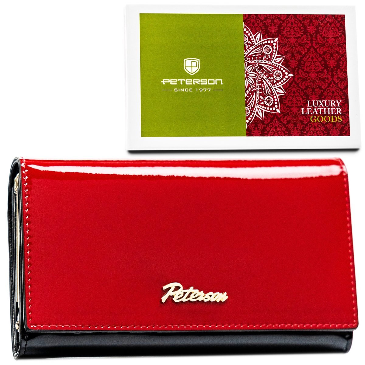 Damski skórzany portfel Peterson duży na prezent portfel z dużą ilością przegródek, czarny czerwony