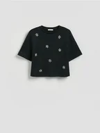 Koszulki i topy damskie - Reserved - T-shirt z dekoracyjnymi kryształkami - morski - miniaturka - grafika 1